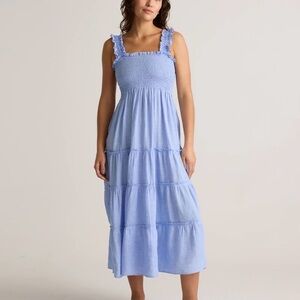 Quince 100% Linen Smocked Square Neck Tiered Midi Dress in French Blue